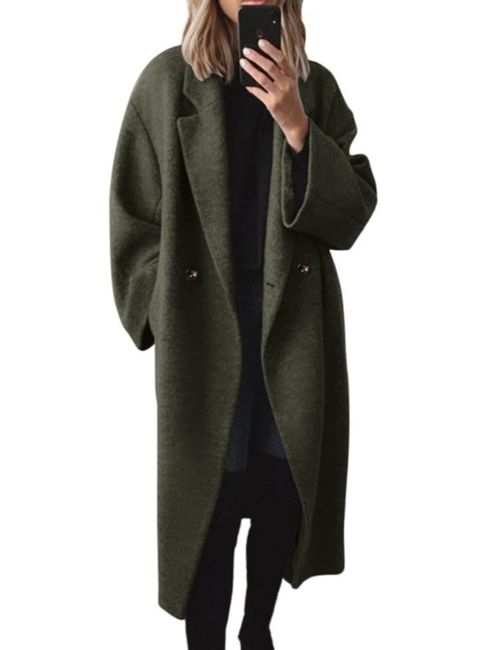 Women's Olive Wool Double Breasted Oversized Long Notch Lapel Trench Pea Coat